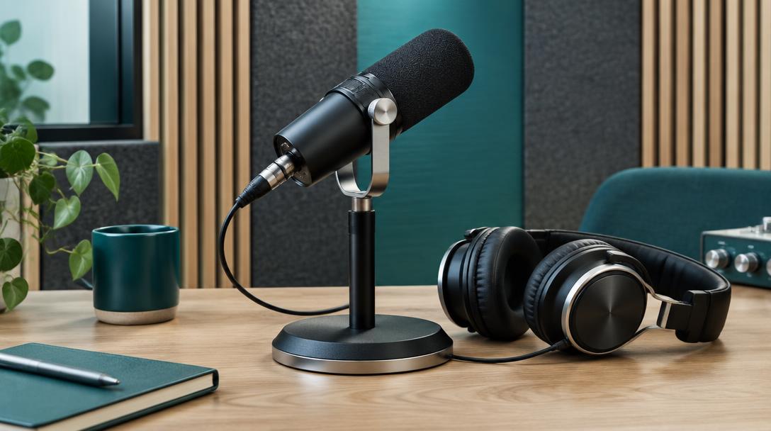 Microphone et casque dans un studio de podcasts